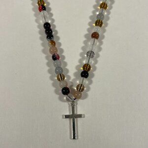 Silver Cross Black/Brown/White Glass Bead Necklace NWT